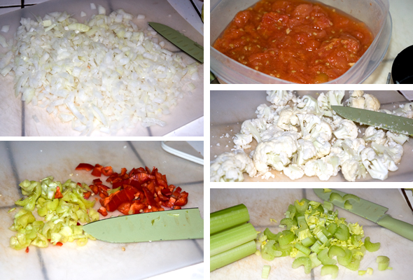 chopped onion, celery, pepper, tomatoes, cauliflower