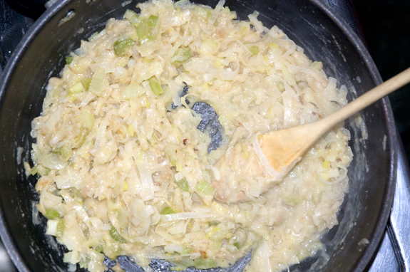 leeks, onions and celery in pan to saute