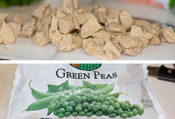 cut up seitan and frozen peas