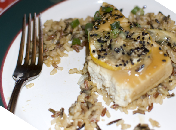 miso glazed tofu served over wild rice