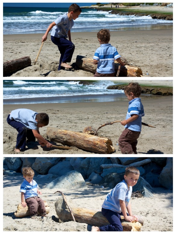 boys on the log at the beach